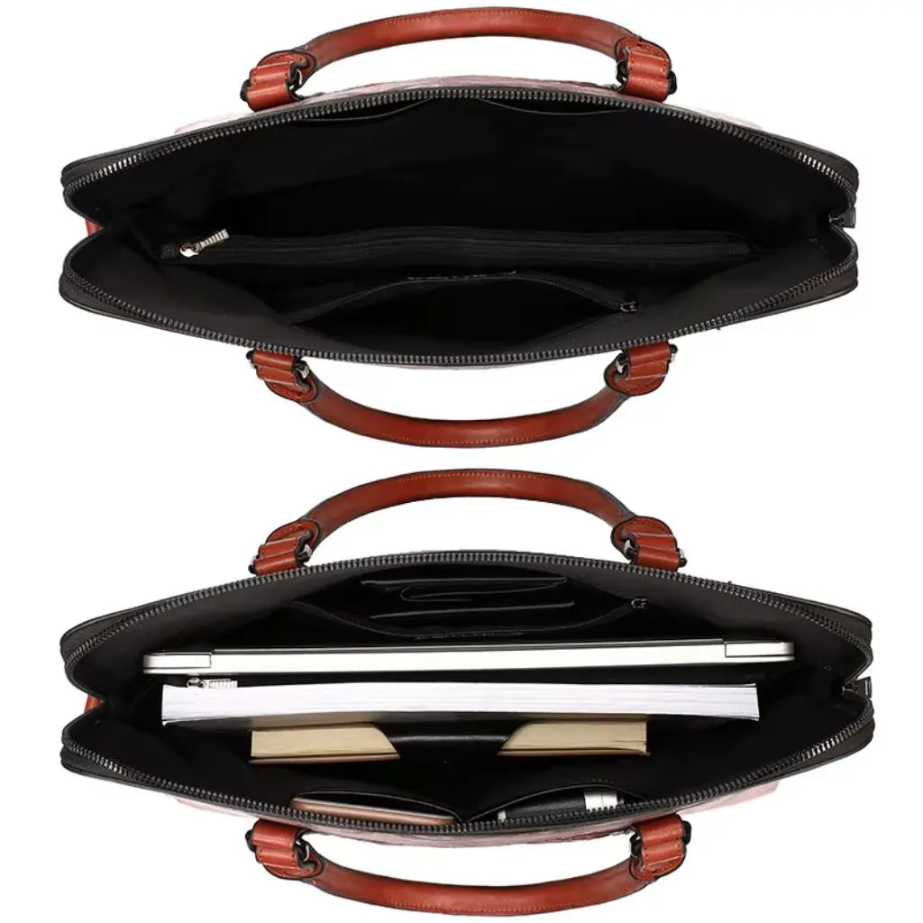 Binnenkant van leren vintage laptoptas dames 14 inch bruin met meerdere compartimenten. De ruime binnenzijde biedt plaats aan een laptop, documenten en accessoires, met een zwarte voering en verschillende opbergvakken voor optimale organisatie.