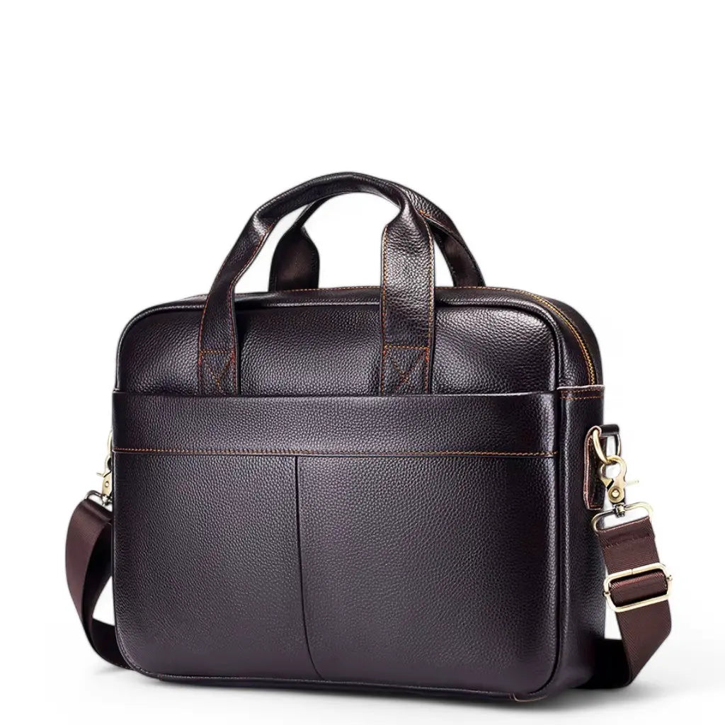 Donkerbruine leren werktas heren 16 inch met contrasterende stiksels en verstelbare schouderband.