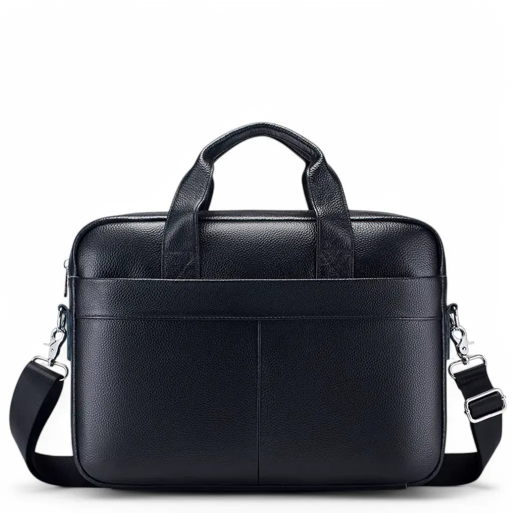 Stijlvolle zwarte leren werktas heren 15 inch met schouderband en handvatten, perfect voor professioneel gebruik.