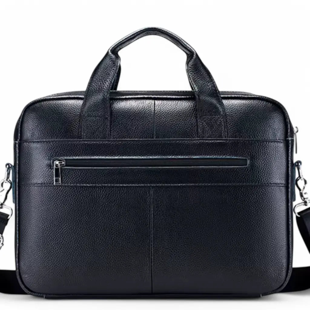 Zwarte leren werktas heren 15 inch met horizontale rits aan de voorkant en stevige handgrepen voor zakelijk gebruik.