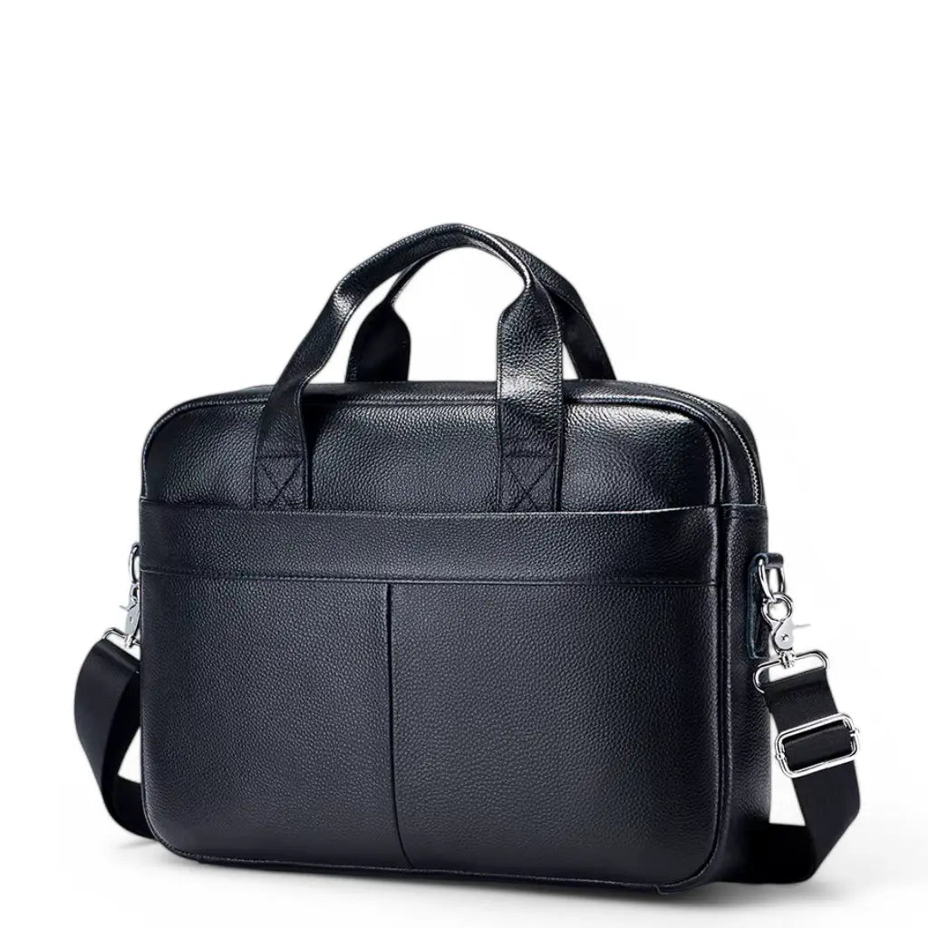 Zwarte leren werktas heren 15 inch met metalen beslag en afneembare schouderband voor veelzijdig gebruik.