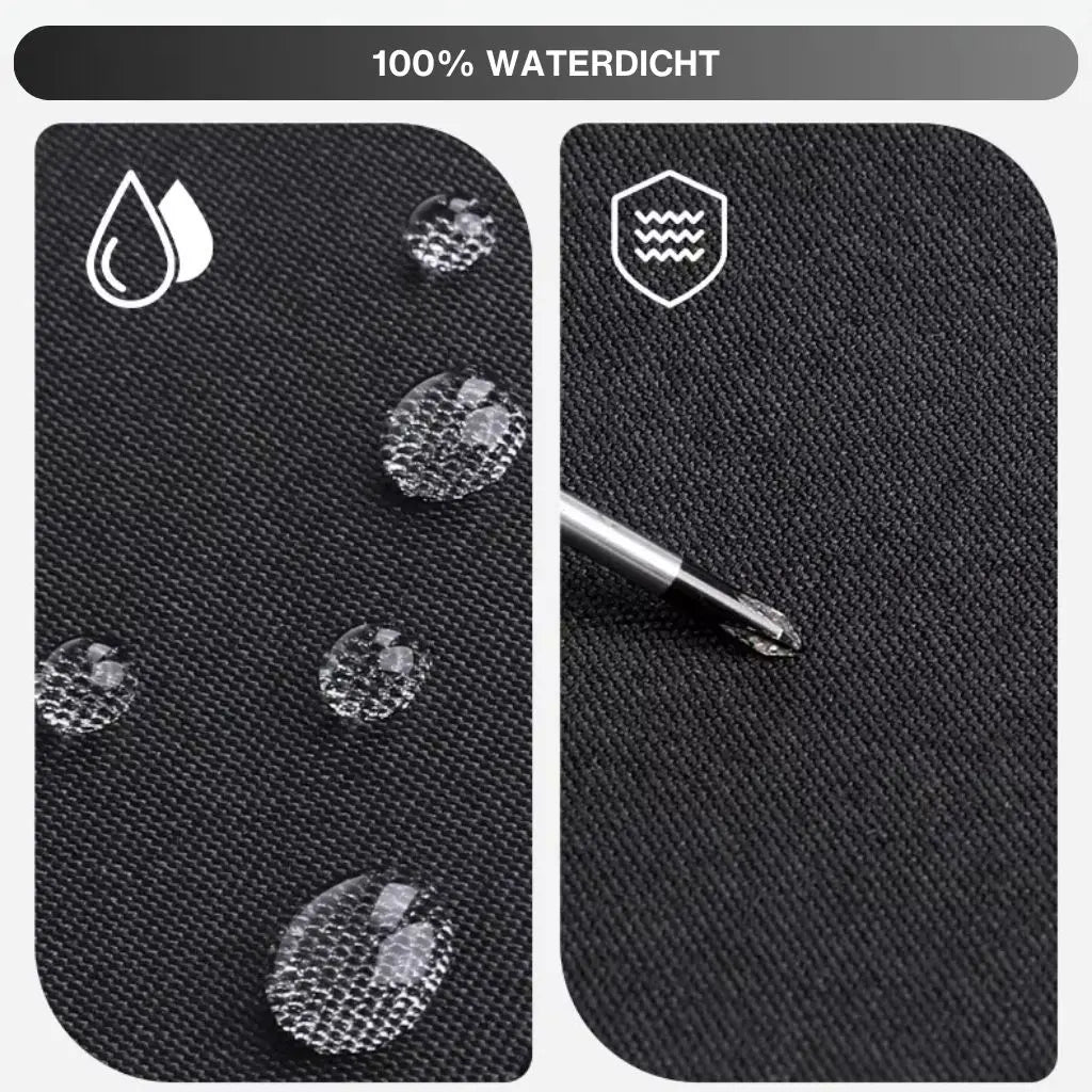 Demonstratie van de waterdichte eigenschappen van een lichte laptoptas dames 17 inch grijs, waarop waterdruppels afparelen en geen vlekken achterlaten, met iconen voor waterdichtheid en bescherming.
