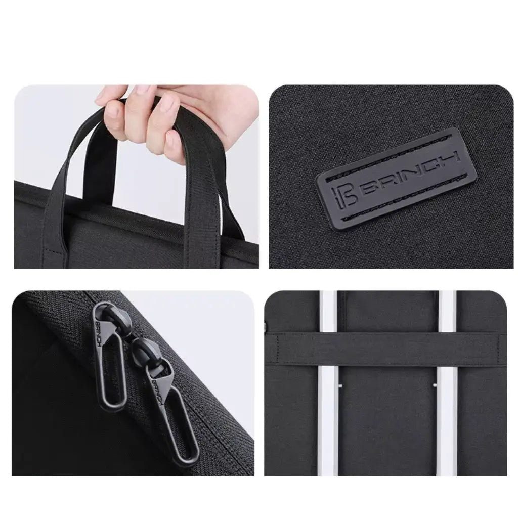 Detailopname van een lichte laptoptas dames 17 inch zwart met vier kenmerken: ergonomische handgreep, BRINCH merklabel, stevige ritssluiting en een praktische bevestiging voor trolley.