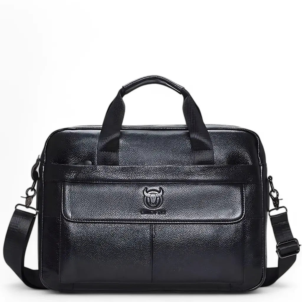 Elegante leren laptoptas heren 14 inch zwart met stijlvolle handvatten, afneembare schouderband, voorvak met stier-logo embleem en hoogwaardige leren afwerking voor professioneel gebruik.