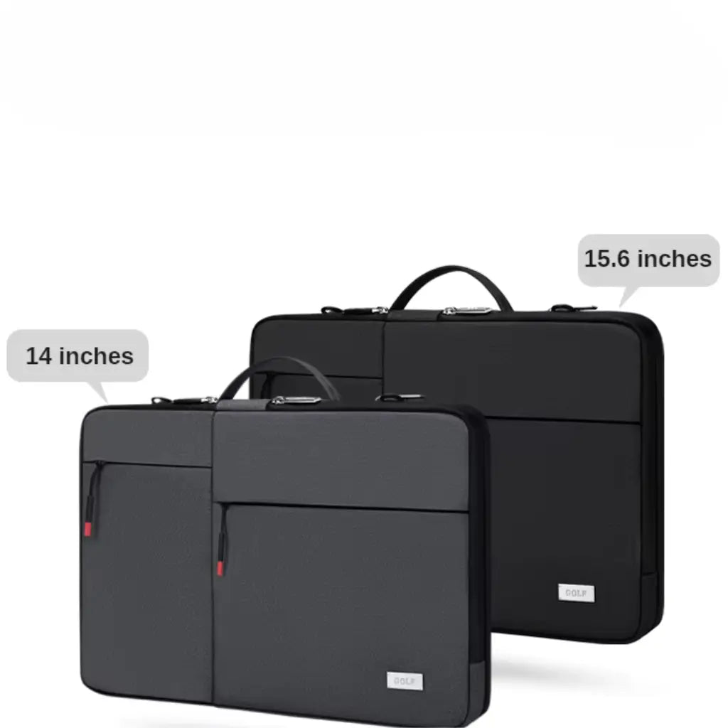 Twee formaten van de laptoptas dames schokbestendig: 14 inch en 15.6 inch model. Beide tassen hebben dezelfde hoogwaardige afwerking met rode ritsaccenten en zijn ontworpen om nauwsluitend om verschillende laptopformaten te passen voor optimale bescherming.