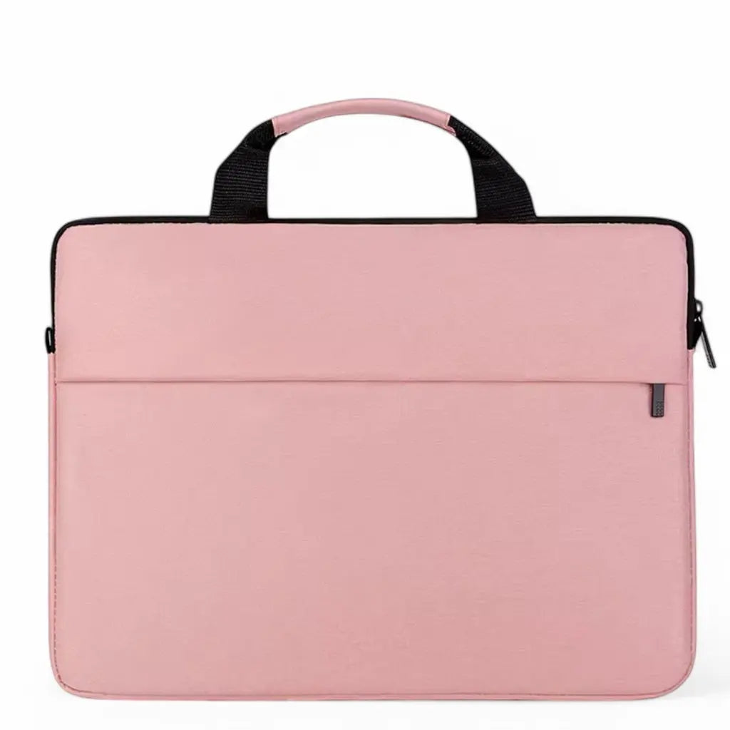 Stijlvolle laptoptas dames 17 inch roze met zwarte accenten, minimalistisch design, handvat met roze bekleding en handige voorvakken voor optimale organisatie.
