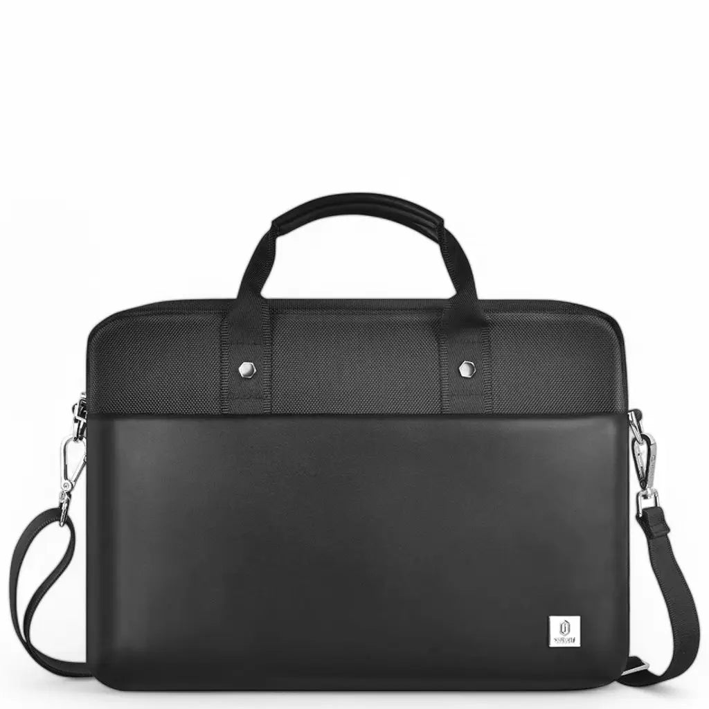 Een moderne laptoptas dames 16 inch in zwart met een stijlvolle combinatie van textiel en kunstleder, voorzien van een WIWU logo, sterke handgrepen en een afneembare schouderriem voor verschillende draagmogelijkheden.