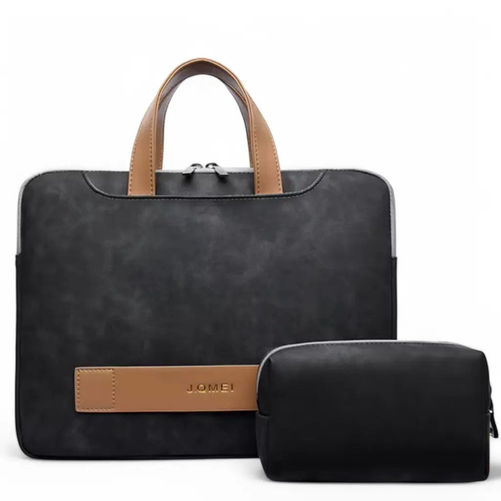 Een elegante mooie laptoptas dames 17 inch zwart van het merk JOMEI met bruine leren handgrepen en een bijpassend etui, perfect voor professioneel gebruik.