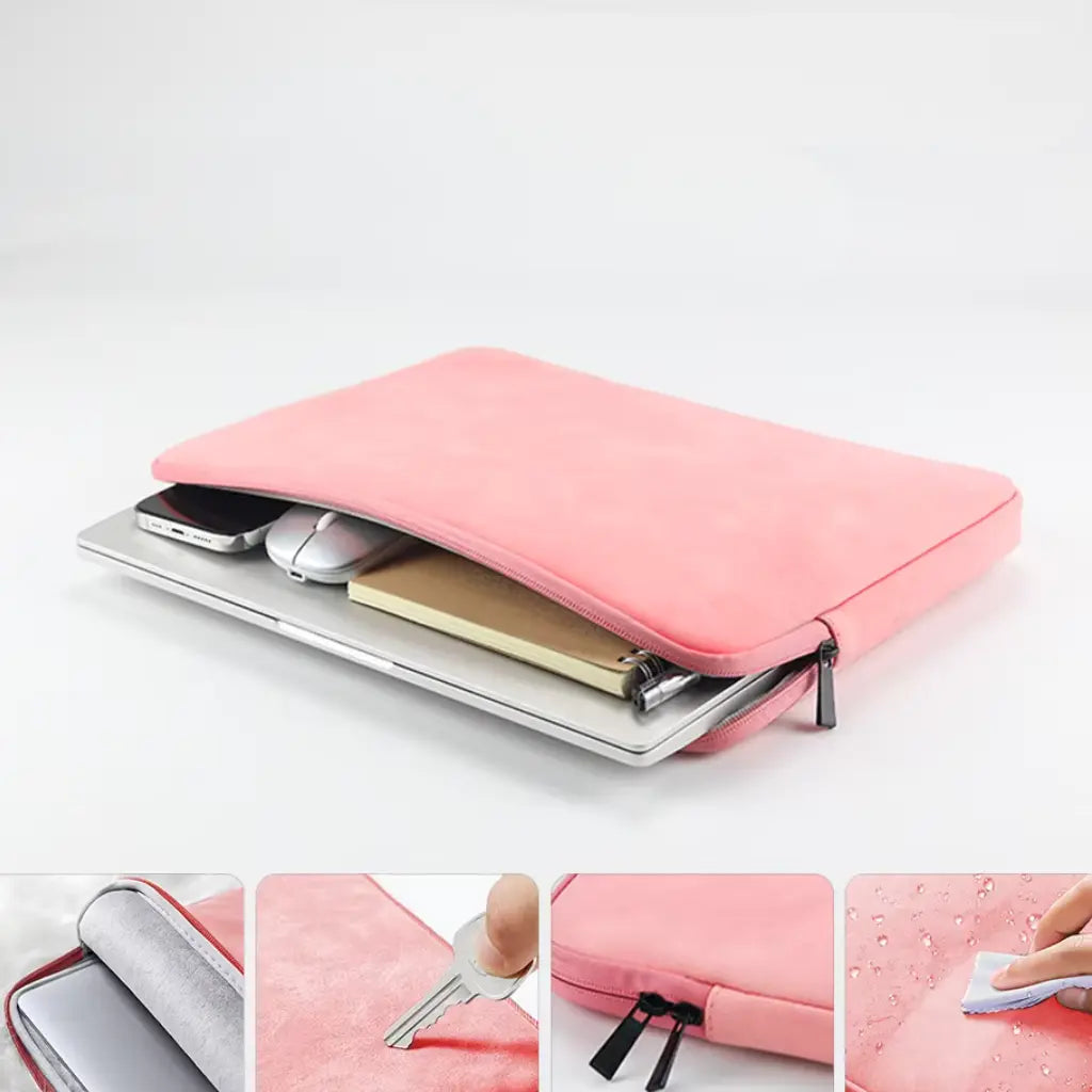 Laptop sleeve 14 inch roze met extra opbergruimte voor accessoires zoals telefoon, muis en notitieboek, ideaal voor onderweg.