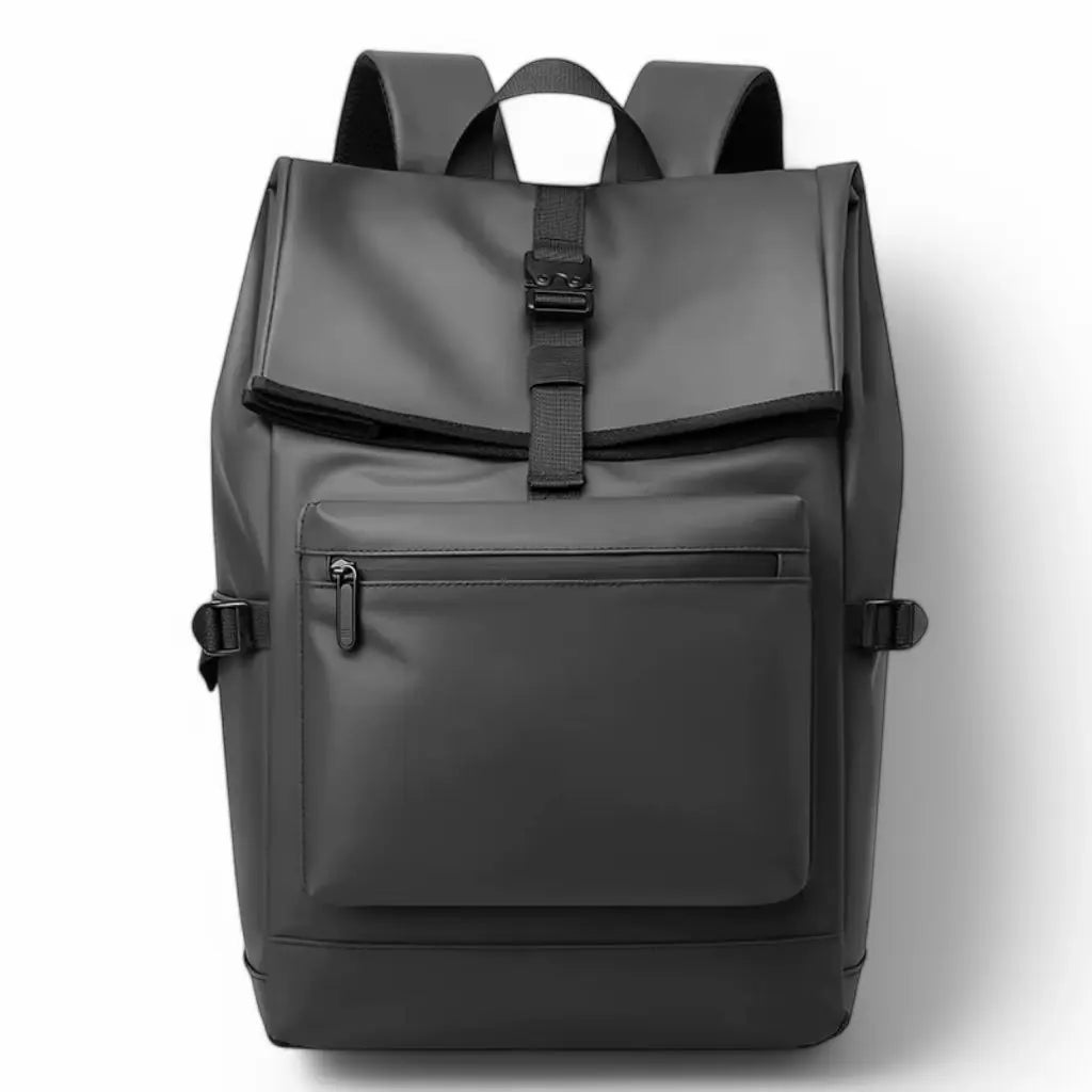Vooraanzicht van een nette laptop rugzak heren 13 inch Grijs, met een grote ritsvak aan de voorkant en een stevige gesp.