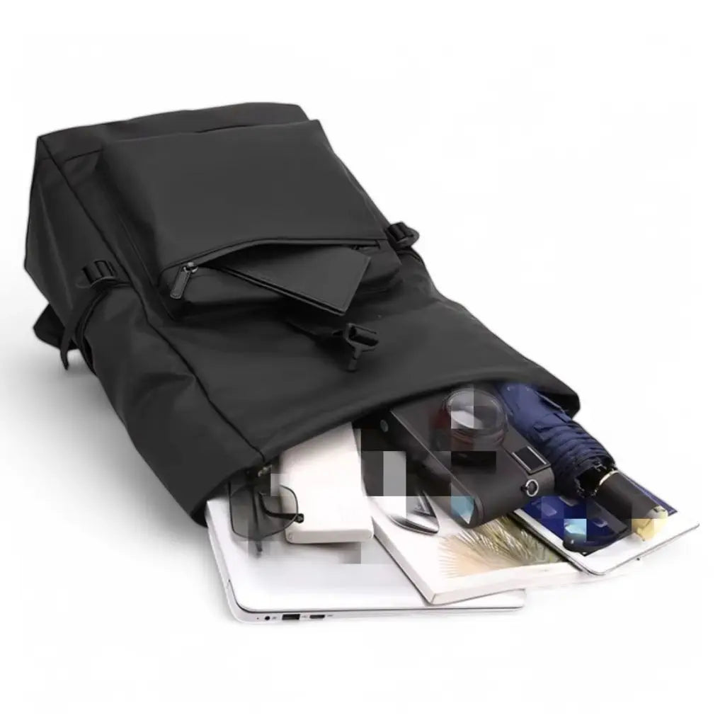 Open nette laptop rugzak voor heren, 13 inch, gevuld met een laptop, tablet, zonnebril, paraplu en andere accessoires. Praktisch en ruim ontwerp.