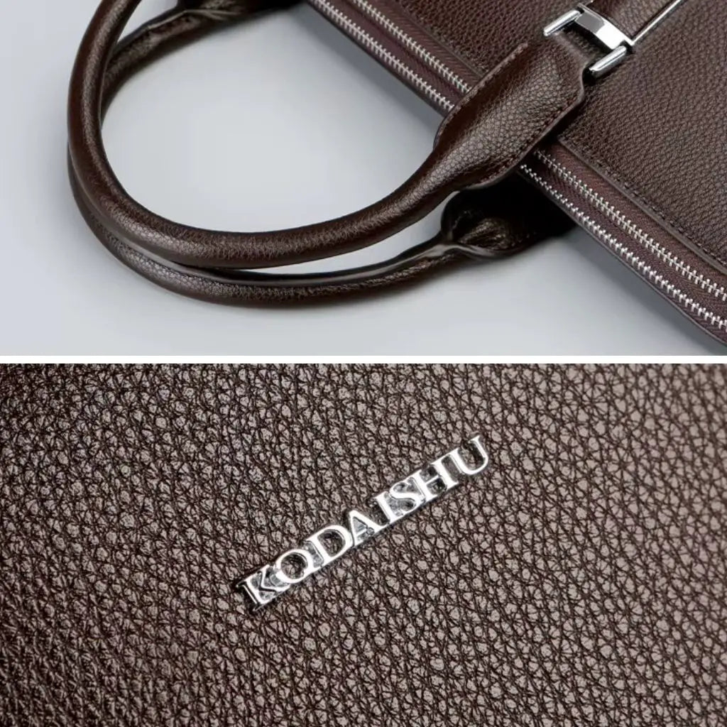Close-up van de hoogwaardige details van een nette laptoptas heren 14 inch bruin, met focus op de handgreep met metalen bevestiging en het KODAISHU logo gegraveerd in het leder.