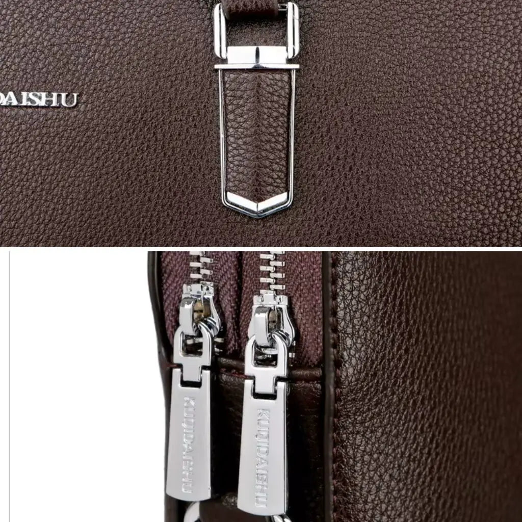 Close-up van de hoogwaardige metalen hardware op een nette laptoptas heren 14 inch bruin, met focus op de KODAISHU merklogo en de zilveren metalen gesp voor de handgrepen en ritspullers.