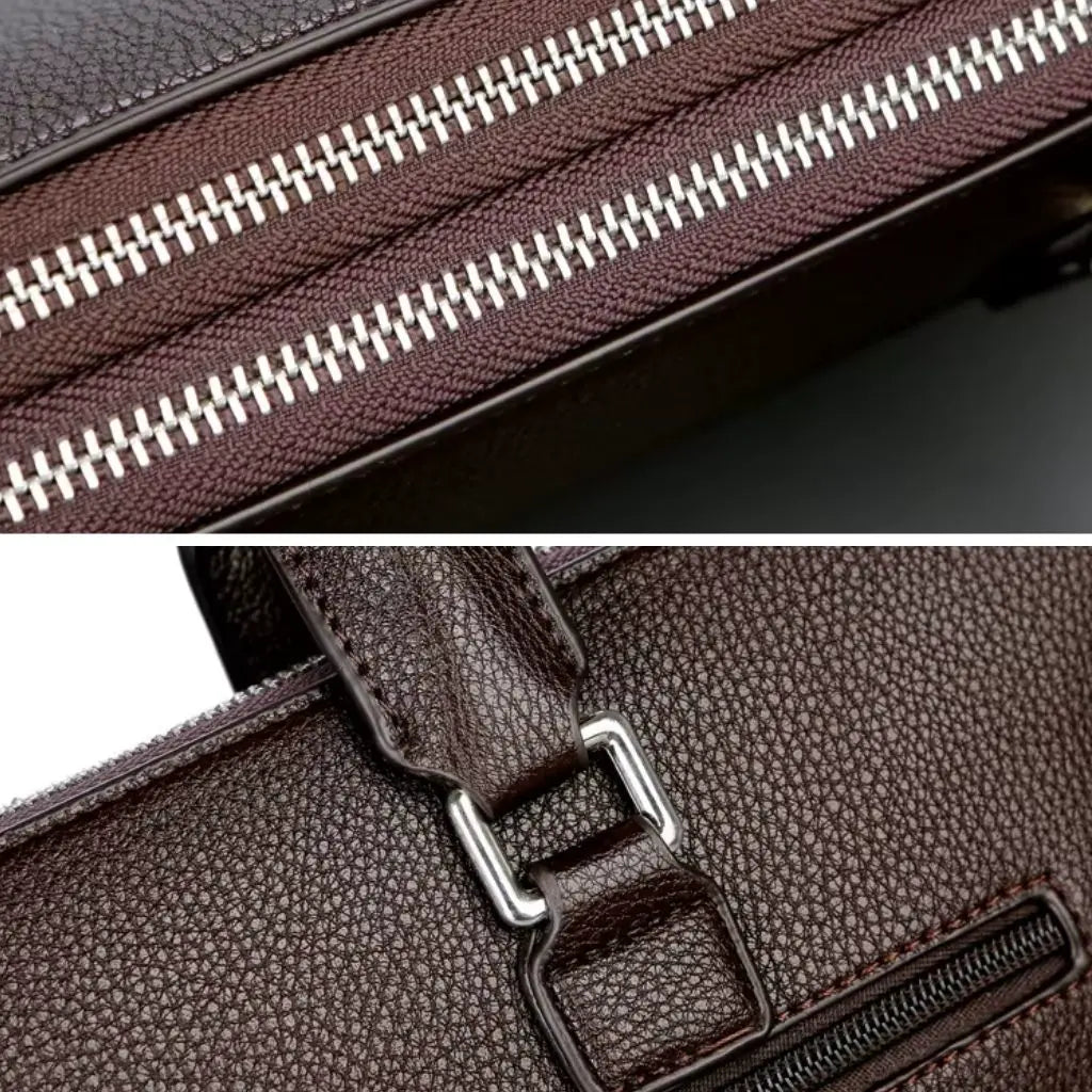 Detailopname van de kwaliteitsritsen en materiaaltextuur van een nette laptoptas heren 14 inch bruin, waarbij de zilverkleurige KODAISHU ritspullers en duurzame dubbele ritsen de premium afwerking tonen.