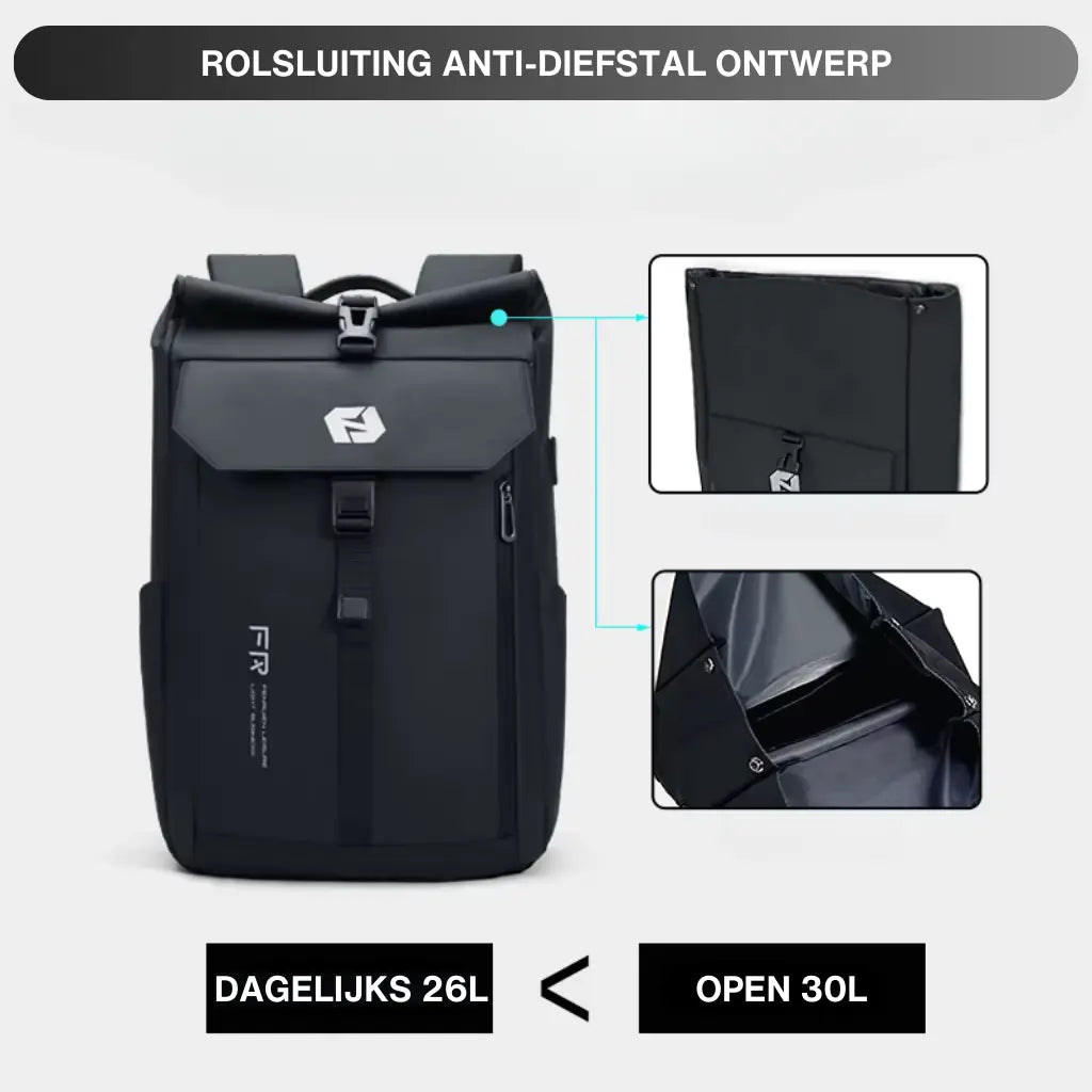 Nomad laptop rugzak met rolsluiting anti-diefstal ontwerp, capaciteit uitbreidbaar van 26L naar 30L met detailinzichten.