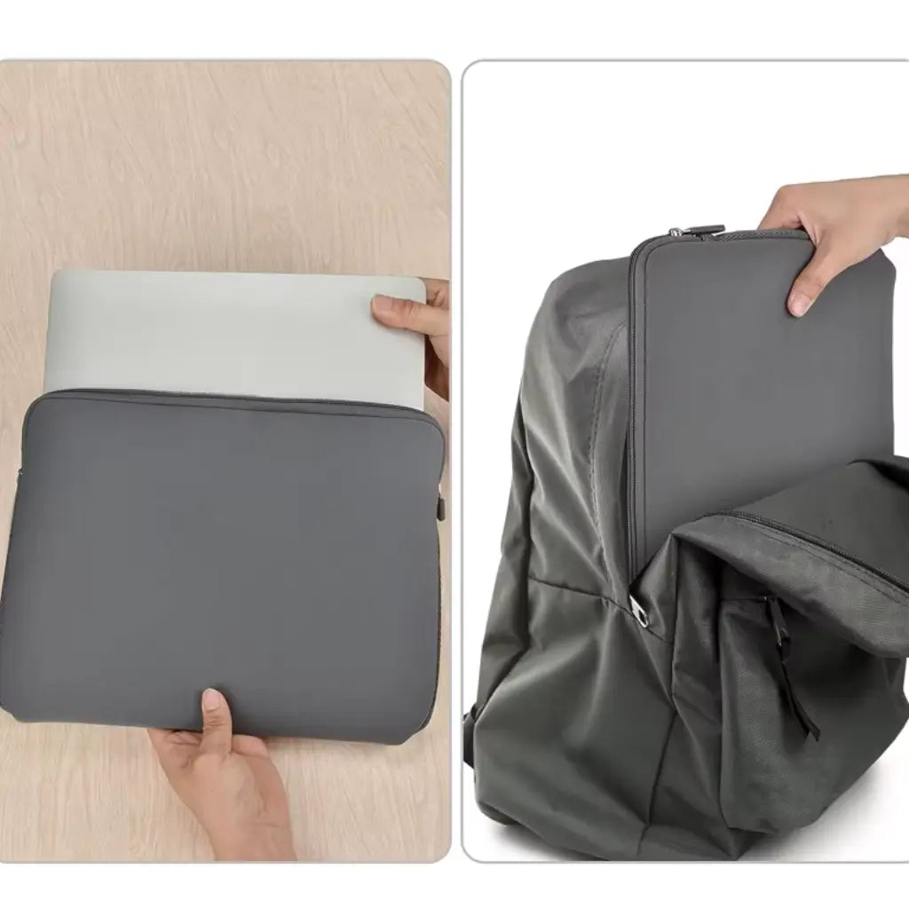 Demonstratie van lightweight laptop sleeve gebruik: links bij plaatsing in sleeve, rechts bij plaatsing in rugzak voor onderweg.
