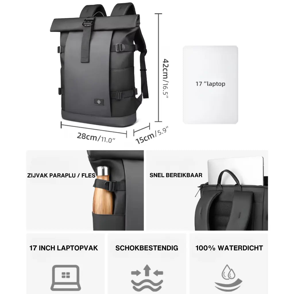 Jonge man met een rolltop laptop rugzak 17 inch, casual gekleed en wandelend door een stedelijke omgeving. Stijlvolle en functionele rugzak voor dagelijks gebruik.