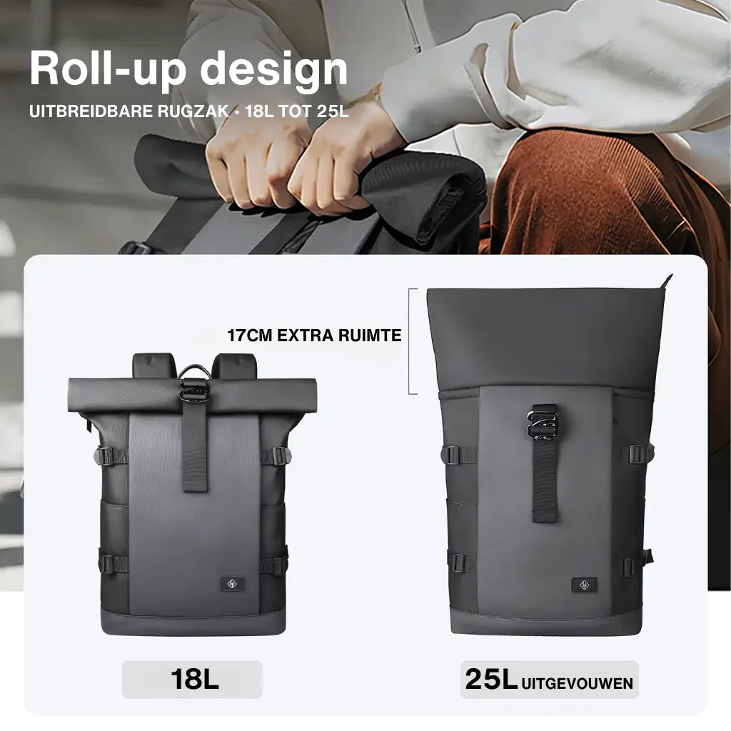 Rolltop laptop rugzak 17 inch met uitbreidbare capaciteit van 18L tot 25L. Praktisch ontwerp met extra opbergruimte door de oprolbare sluiting.