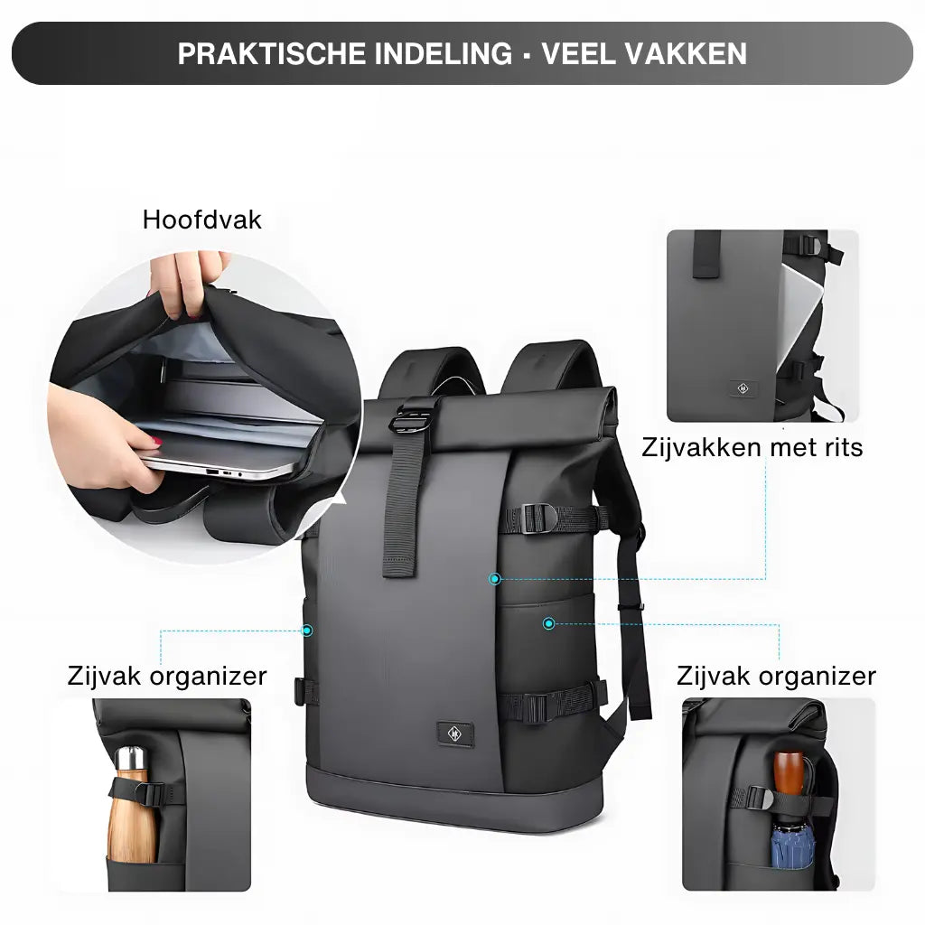 Close-up van een rolltop laptop rugzak 17 inch met waterdicht materiaal en gesealde ritsen, ideaal voor gebruik in de regen.