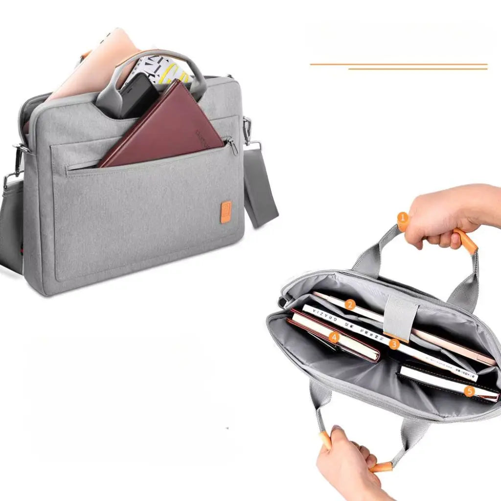 Buitenaanzicht en binnenaanzicht van laptoptas dames 16 inch grijs, toont de ruime compartimenten gevuld met boeken, paspoort en accessoires, plus de verschillende vakken en opbergmogelijkheden.