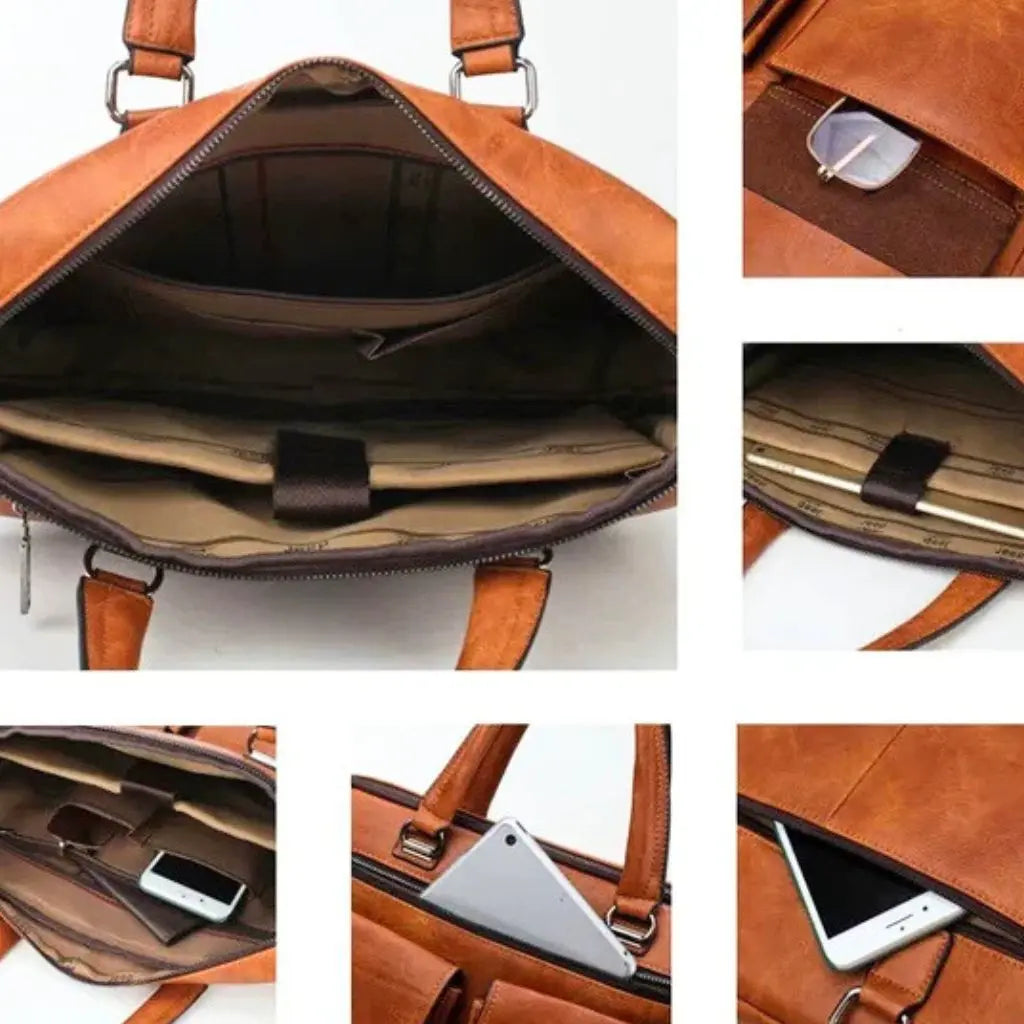Binnenaanzicht van leren laptoptas heren 13 inch bruin met meerdere compartimenten en vakken voor laptop, tablet, telefoon en andere accessoires, plus details van de opbergvakken.
