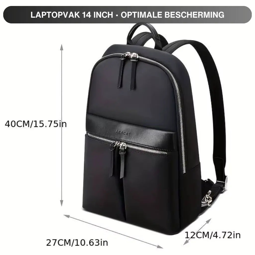 Een afbeelding met de afmetingen van een 14-inch laptop rugzak, aangegeven met 40 cm hoogte, 27 cm breedte en 12 cm diepte.