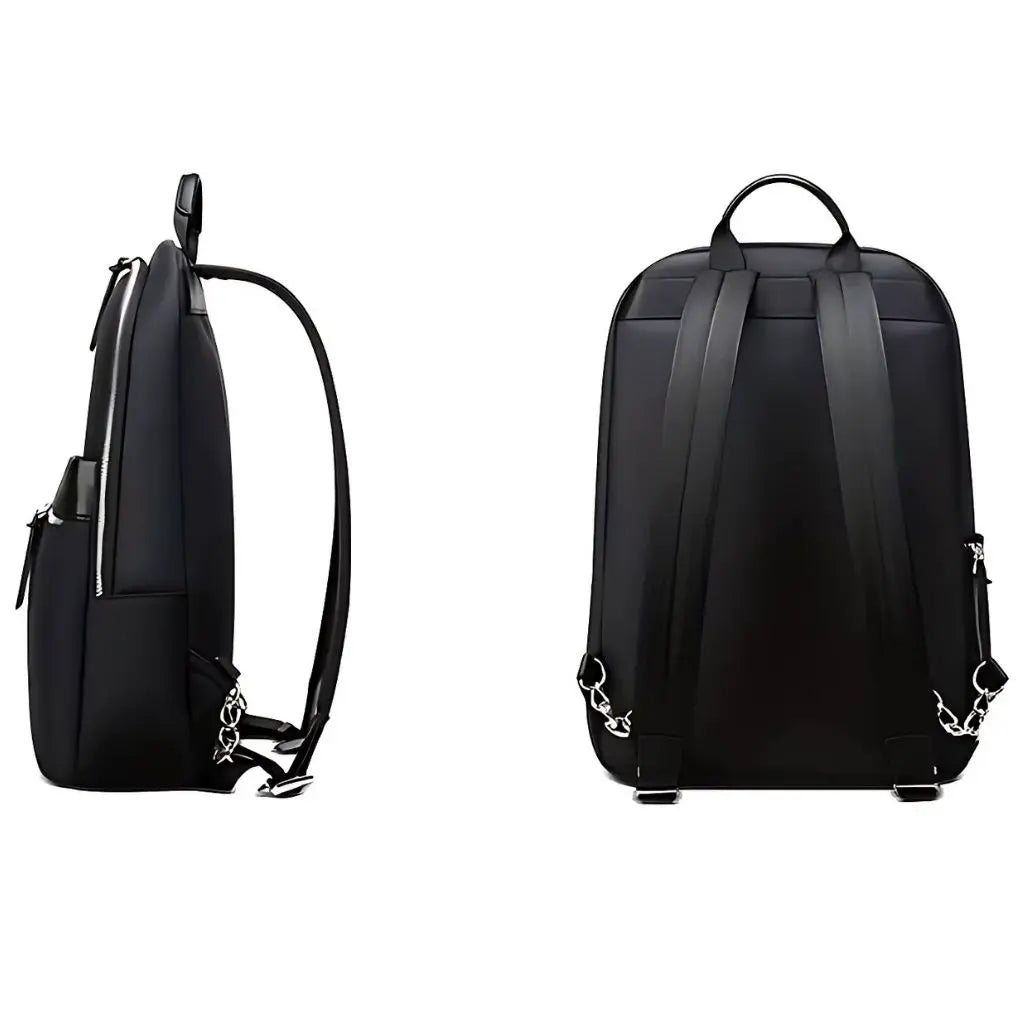 Zijkant en achterkant van een stijlvolle laptop rugzak van 14 inch, met verstelbare schouderbanden en een elegant minimalistisch design.