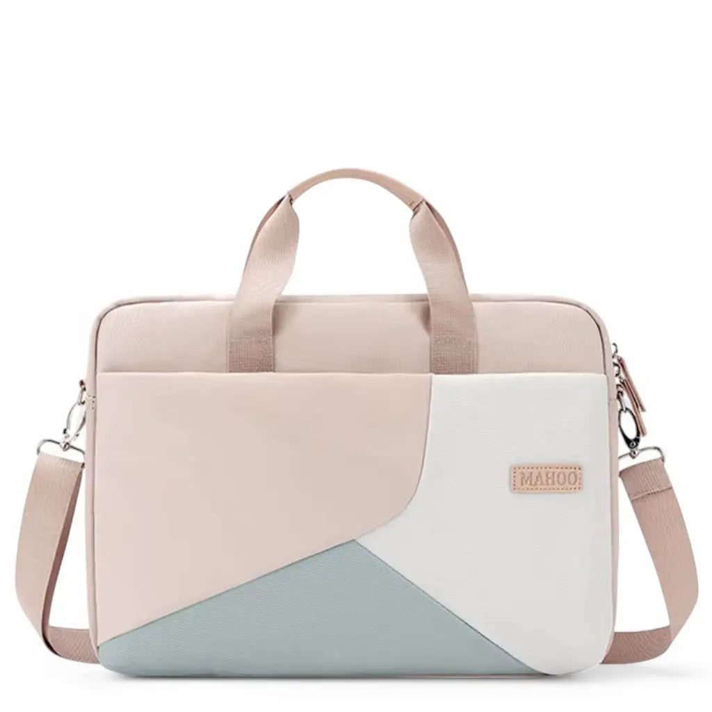 Stijlvolle laptoptas dames in pastelkleuren met geometrisch design, beige met wit en mintgroen. Voorzien van handgrepen en afneembare schouderriem van het merk MAHOO.
