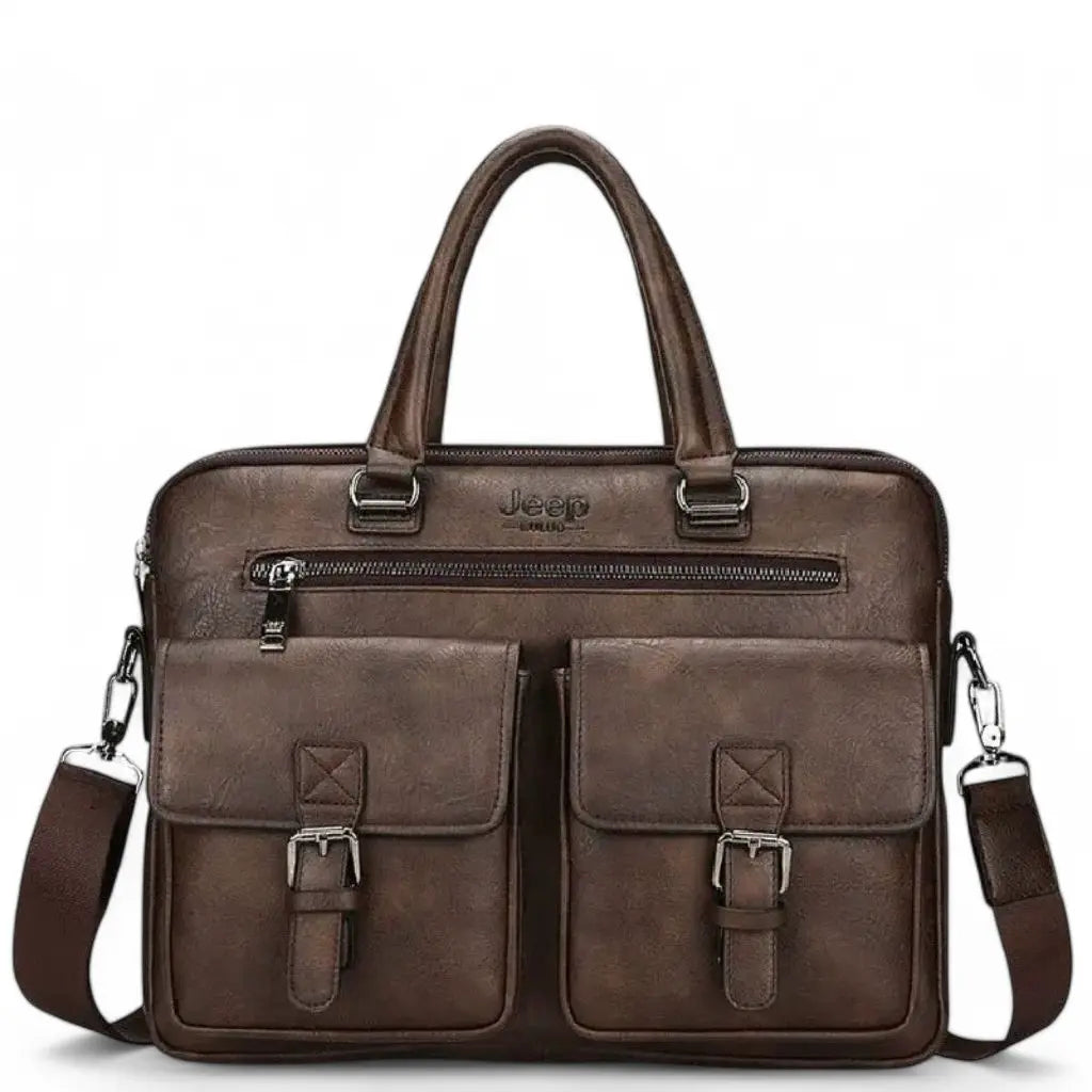 Elegante leren laptoptas heren 13 inch bruin donkerbruin van Jeep met twee voorvakken met gespen, stevige handgrepen, ritssluiting bovenaan en verstelbare schouderriem voor veelzijdig gebruik.