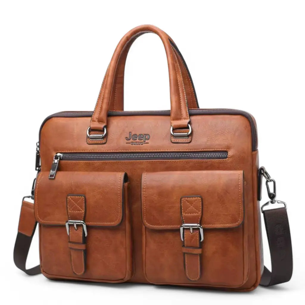 Premium leren laptoptas heren 13 inch bruin van Jeep met twee voorvakken met gespen, stevige handgrepen, horizontale ritssluiting aan de bovenkant en afneembare schouderriem voor veelzijdig gebruik.