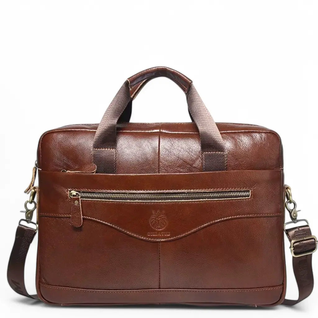 Stoere leren laptoptas heren 14 inch bruin met stijlvol getextureerd leer, stevige handgrepen, een voorvak met ritssluiting en een verstelbare schouderband voor optimaal draagcomfort tijdens het woon-werkverkeer.