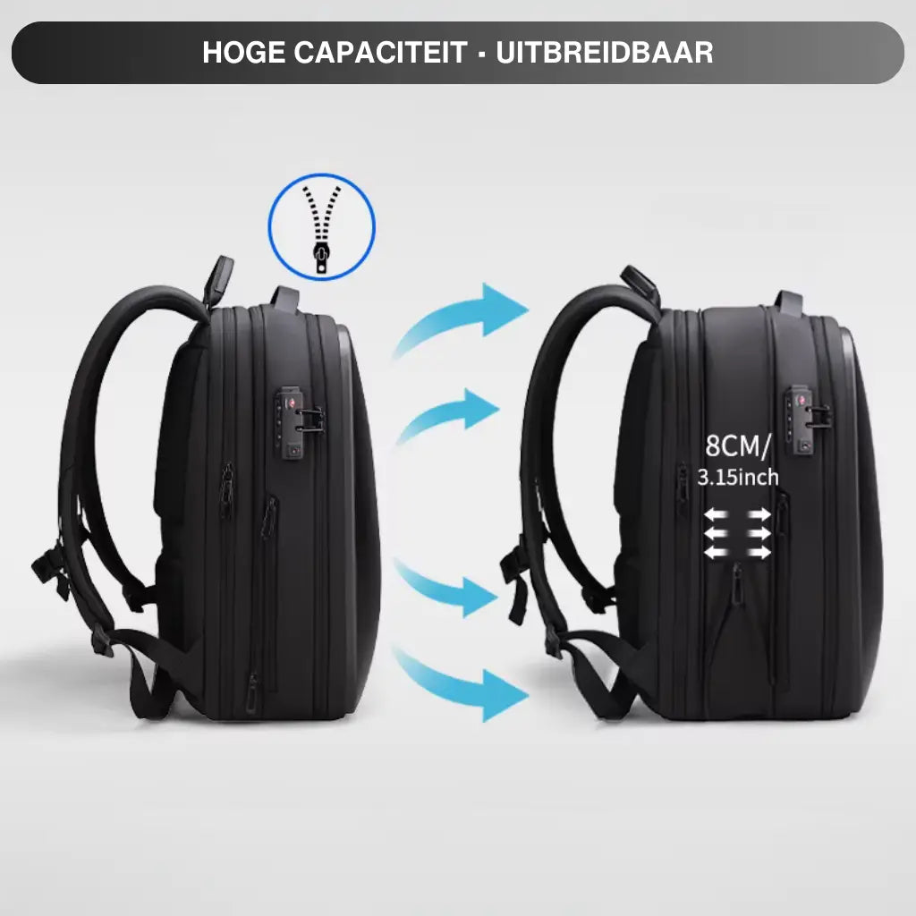 Illustratie van waterdichte fietstas rugzak voor laptop 15.6 inch die toont hoe de tas kan uitbreiden van normale grootte tot 8cm extra ruimte.