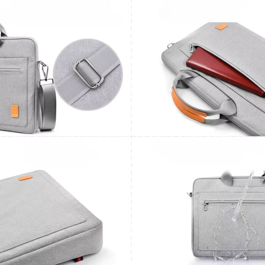 Detailopnames van laptoptas dames 16 inch grijs: schouderriem met metalen bevestiging, waterafstotend materiaal met water dat afparelt, en close-up van de duurzame handgreep met oranje accent.