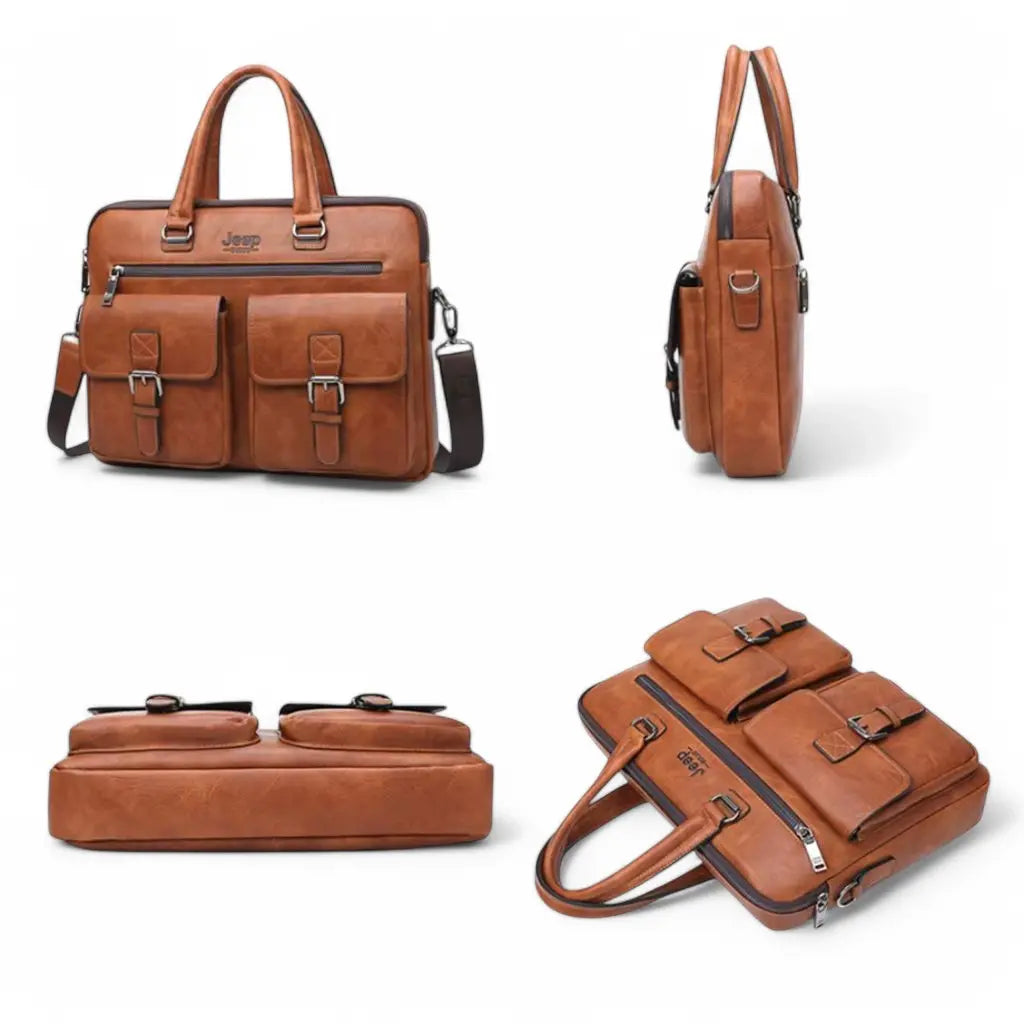 Meerdere aanzichten van leren laptoptas heren 13 inch bruin: frontaal, zijaanzicht, achteraanzicht en close-up, toont de veelzijdigheid en het functionele design.