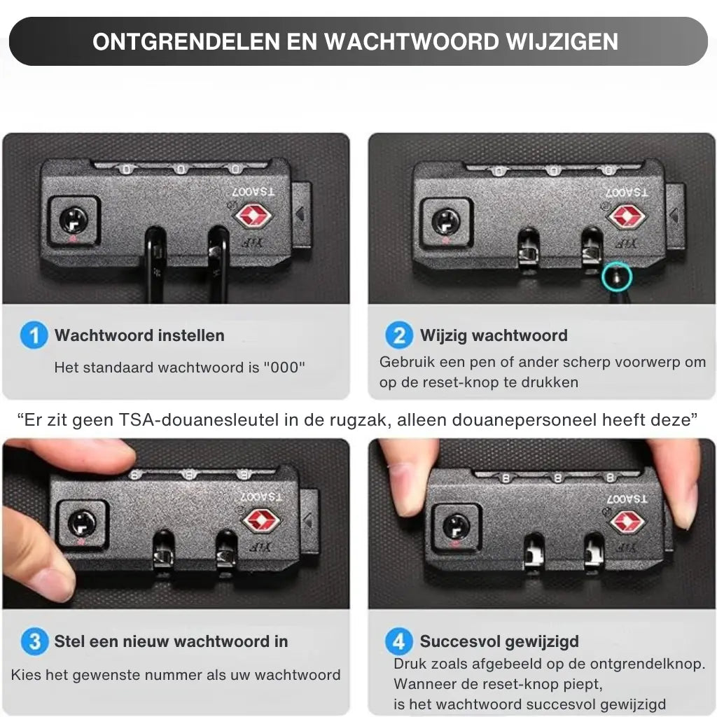 Vierstaps instructiediagram voor het instellen van het cijferslot op waterdichte fietstas rugzak voor laptop 15.6 inch met Nederlandse uitleg.
