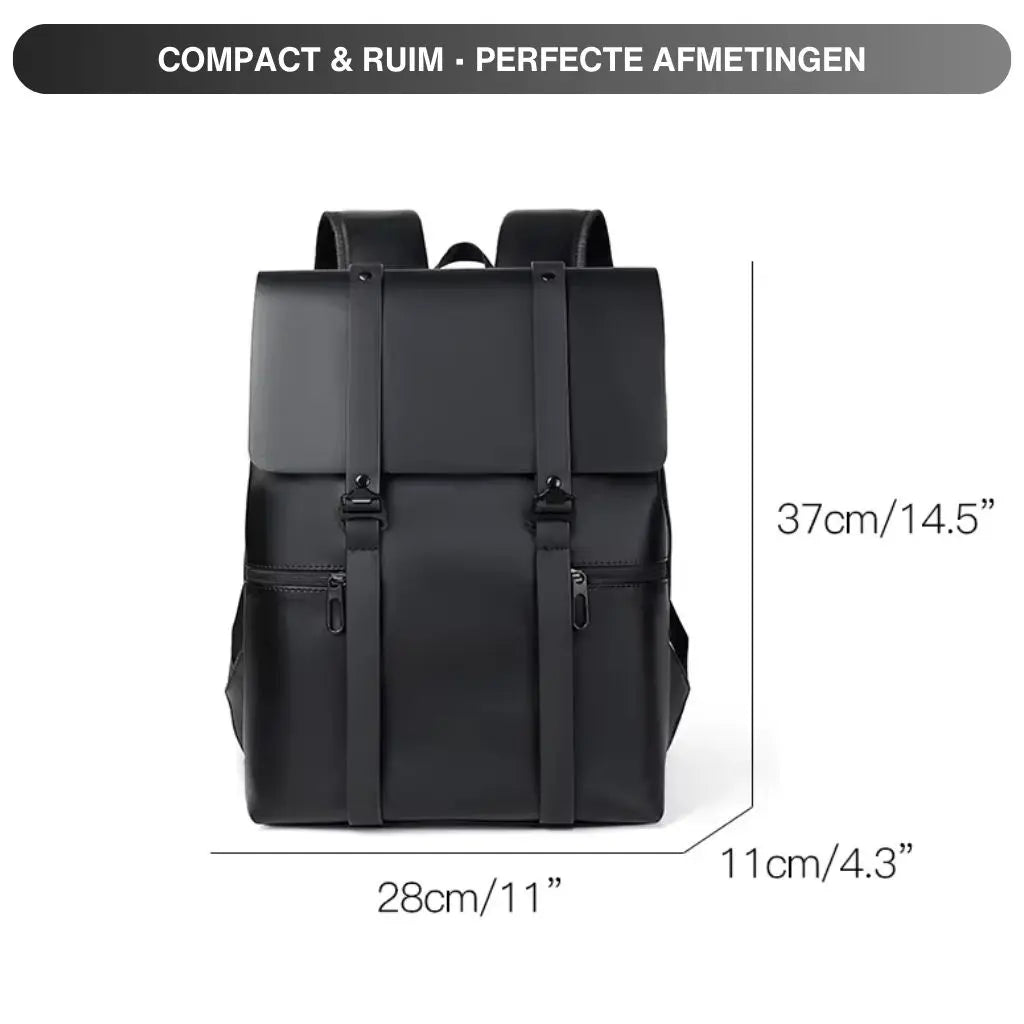 Afmetingen van de waterdichte laptop rugzak 14 inch zwart worden getoond met Nederlandse tekst "COMPACT & RUIM · PERFECTE AFMETINGEN" en exacte maten van 37cm hoogte, 28cm breedte en 11cm diepte.