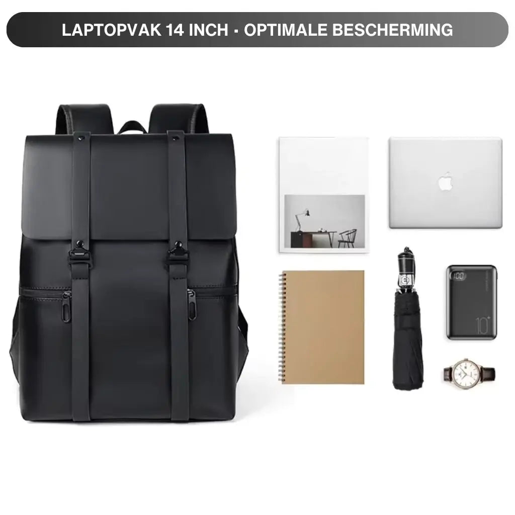 Informatieve afbeelding over de waterdichte laptop rugzak 14 inch zwart met Nederlandse tekst "LAPTOPVAK 14 INCH · OPTIMALE BESCHERMING" en benodigdheden zoals laptop, notitieboek en accessoires om de capaciteit te tonen.