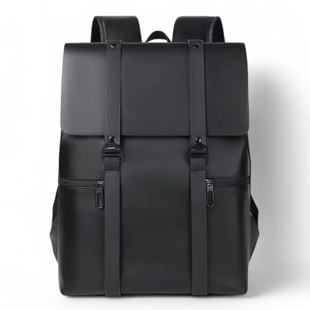Een stijlvolle zwarte waterdichte laptop rugzak 14 inch zwart met twee stevige gespen aan de voorkant, gemaakt van hoogwaardig waterafstotend material voor optimale bescherming van uw elektronische apparaten en dagelijkse benodigdheden.