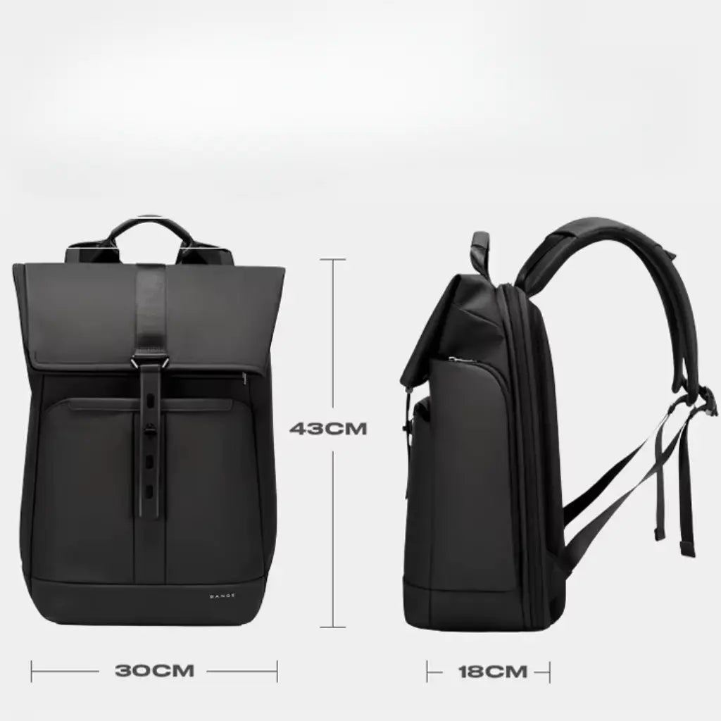 Maatdiagram van de waterdichte laptop rugzak 15 inch met hoogte 43cm, breedte 30cm en diepte 18cm.