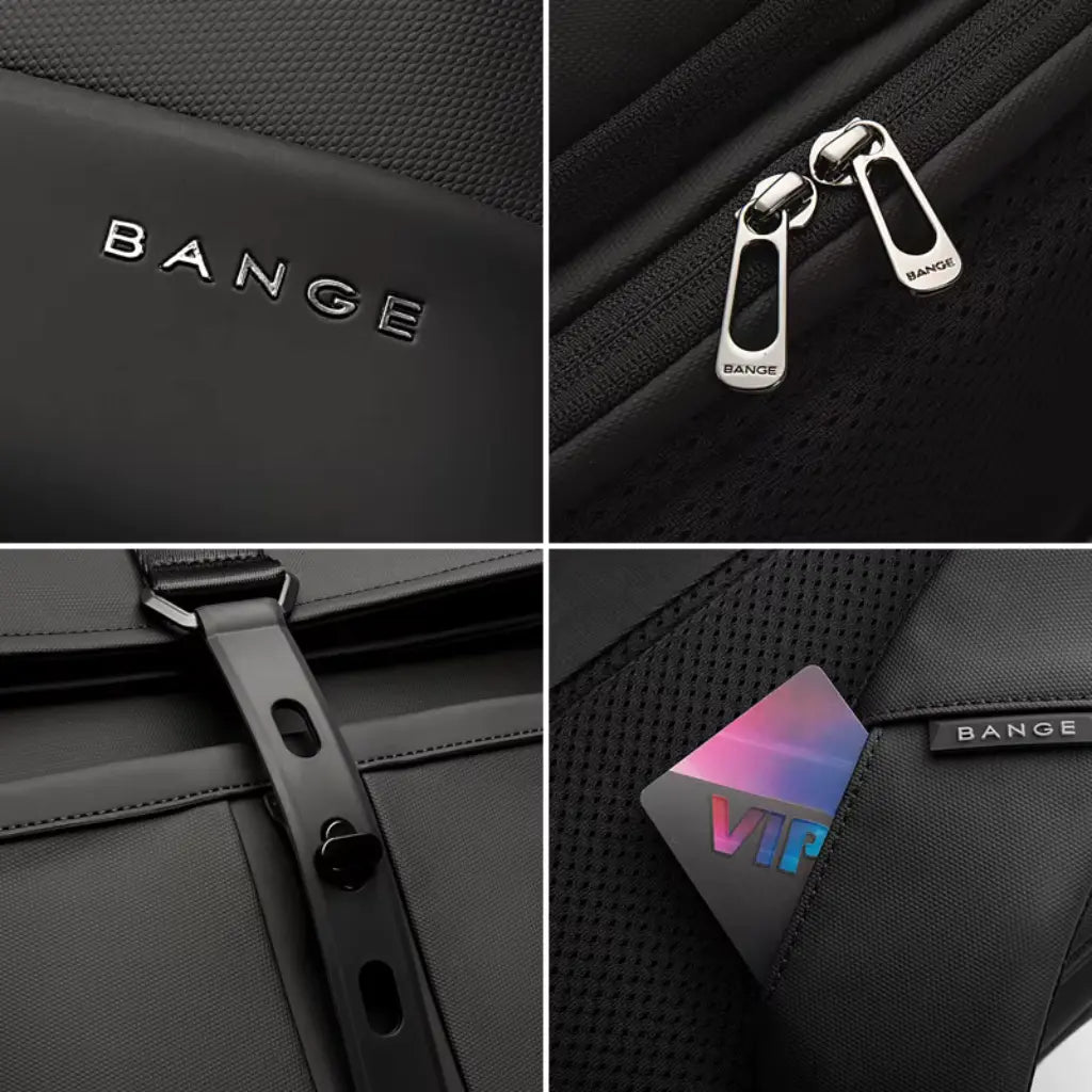 Close-ups van waterdichte laptop rugzak 15 inch met Bange logo, premium ritsen en verstevigde randen.