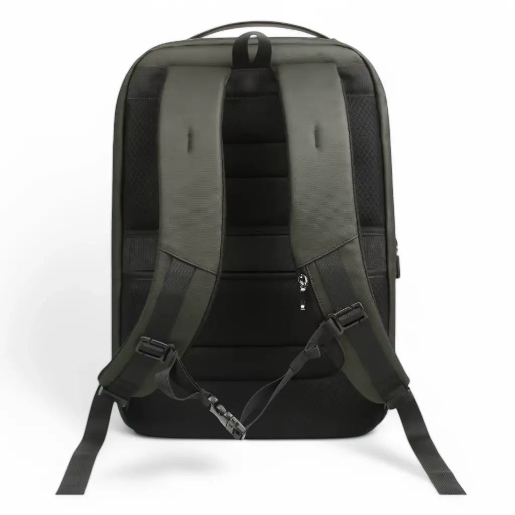 Waterdichte laptop rugzak 16 inch groen vanaf de achterkant gefotografeerd, met ergonomisch rugpaneel en verstelbare schouderriemen voor dagelijks fietsgebruik in Nederland.