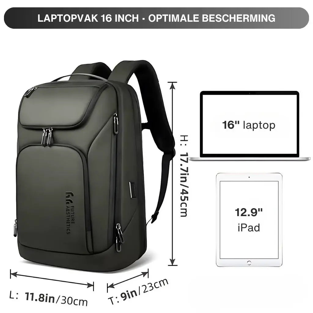 Waterdichte laptop rugzak 16 inch groen met afmetingen en compatibiliteit voor 16 inch laptop en 12.9 inch iPad, ideaal voor de veelzijdige Nederlandse professional.