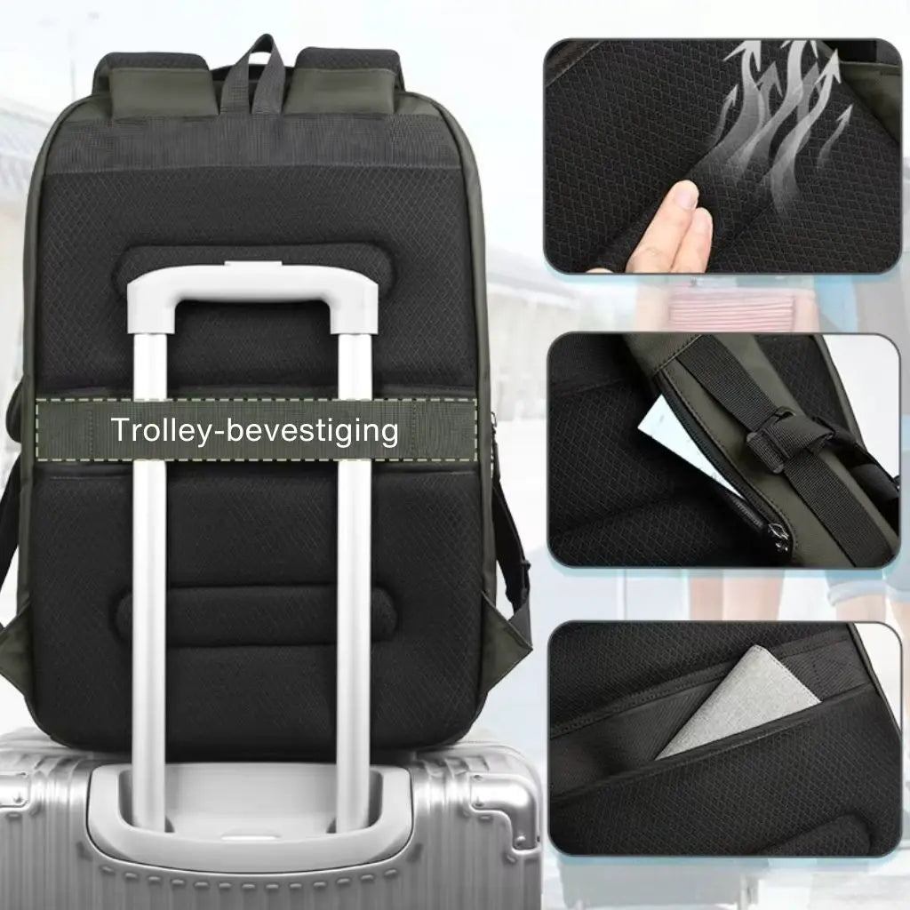 Waterdichte laptop rugzak 16 inch groen met trolley-bevestiging en extra functies zoals ventilerende rugzijde en verborgen vakken voor de reizende Nederlander.