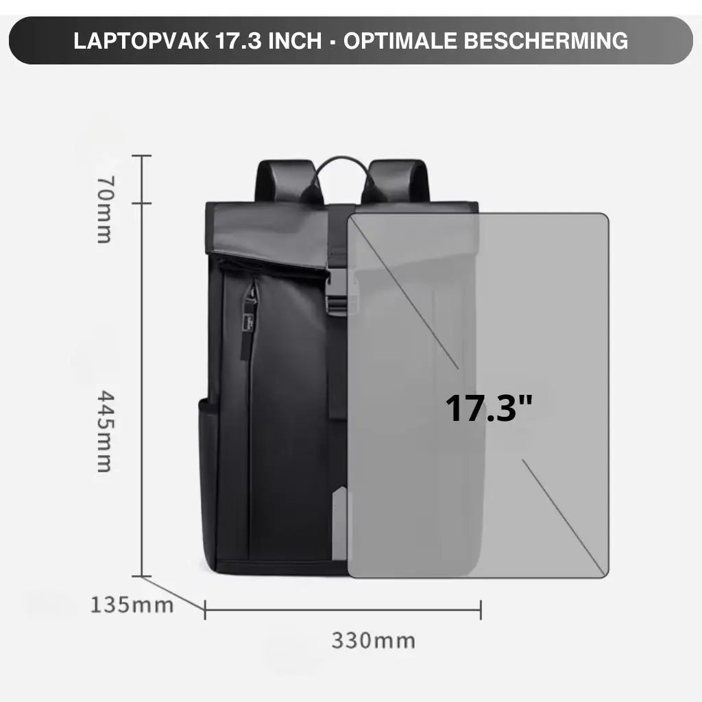 Infographic die de afmetingen van de waterdichte laptop rugzak 17.3 inch grijs toont. De rugzak meet 330mm breed, 445mm hoog en 135mm diep, met een duidelijke aanduiding dat deze geschikt is voor 17.3 inch laptops en optimale bescherming biedt voor al uw apparaten.