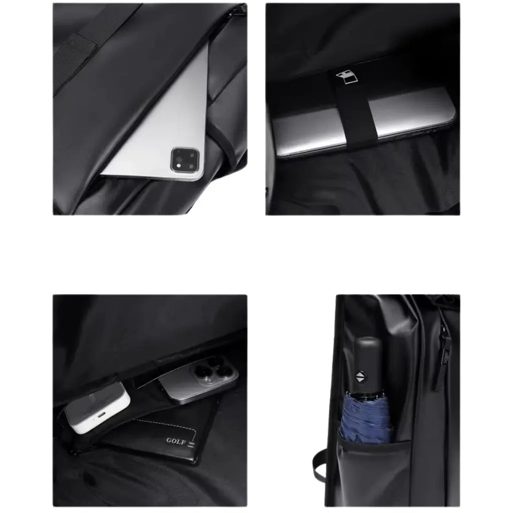 Close-up details van de waterdichte laptop rugzak 17.3 inch zwart met vier afbeeldingen die de speciale functies tonen: smartphone vak, laptop houder met veiligheidsband, interne organizer met GOLF logo, en zijvak voor een paraplu. Deze functionele details maken de rugzak perfect voor het Nederlandse weer en levensstijl.