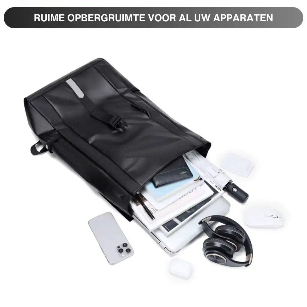 Binnenkant van de waterdichte laptop rugzak 17.3 inch zwart met ruime opbergruimte voor al uw apparaten. De afbeelding toont hoe de rugzak een laptop, tablet, smartphone, koptelefoon en andere accessoires kan bevatten, perfect voor dagelijks gebruik op kantoor of onderweg.