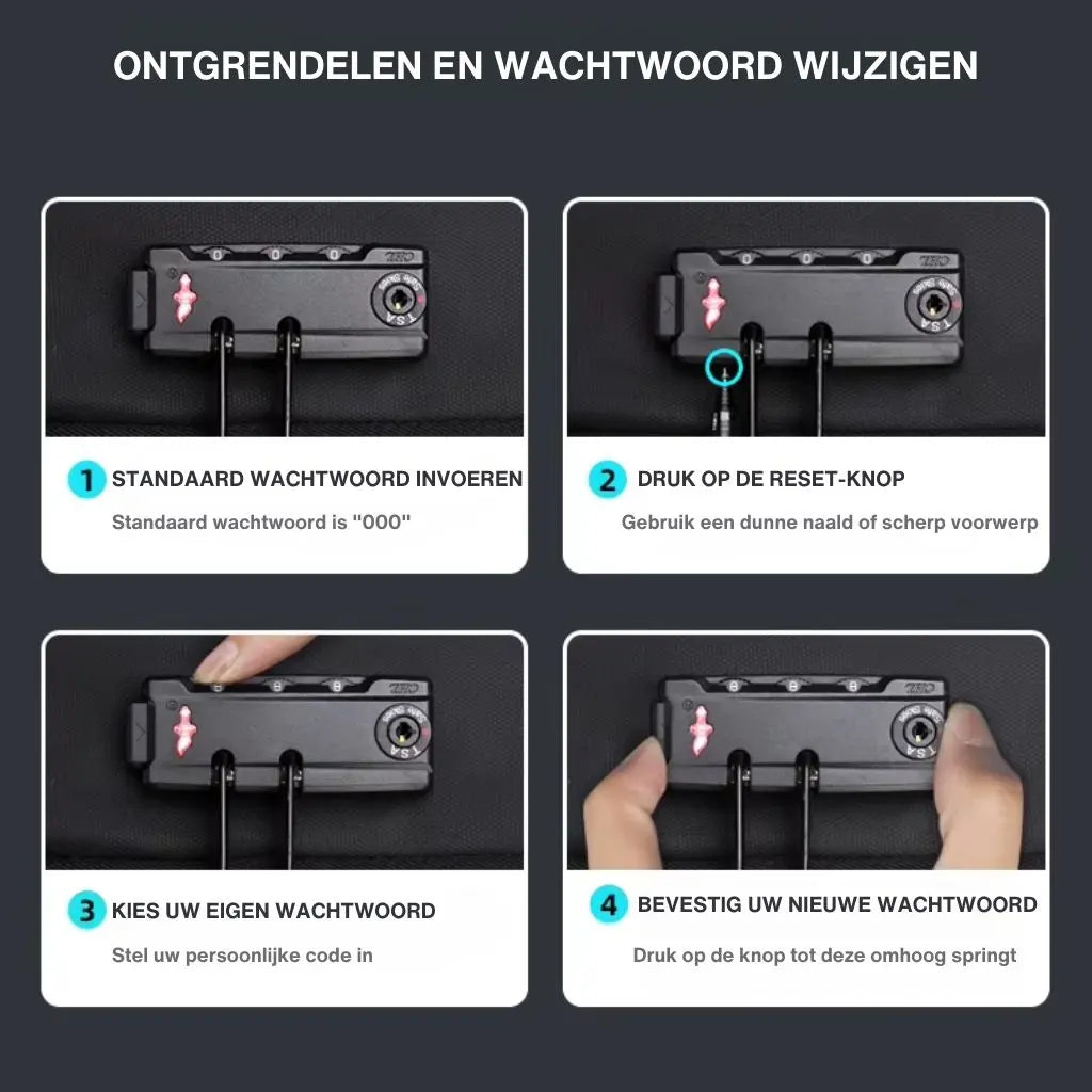 Stapsgewijze instructies in het Nederlands voor het ontgrendelen en wachtwoord wijzigen van het TSA-slot op de waterdichte laptop rugzak heren 15.6 inch, wat extra veiligheid biedt voor uw waardevolle spullen