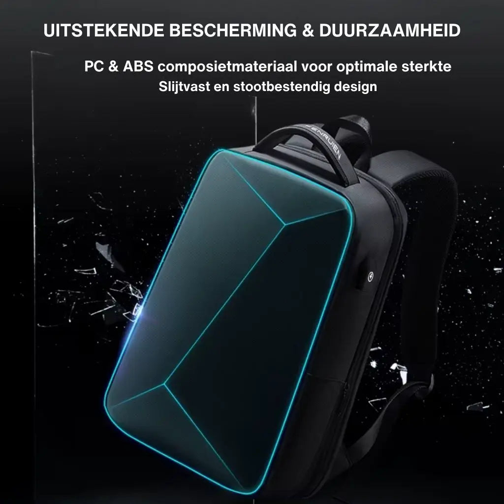 Informatie over de waterdichte laptop rugzak heren 15.6 inch met Nederlands opschrift over de uitstekende bescherming en duurzaamheid, met details over het PC & ABS composietmateriaal.