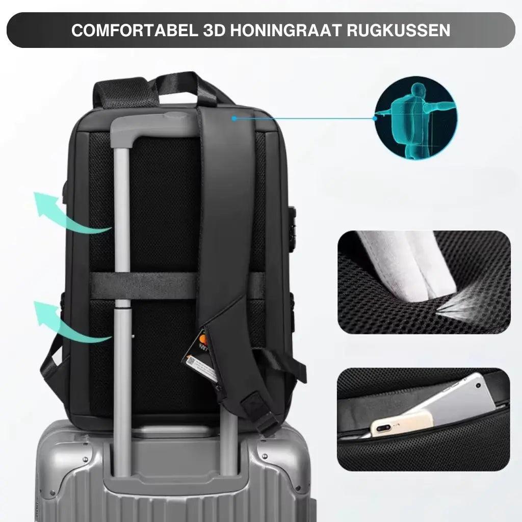 Illustratie van de waterdichte laptop rugzak heren 15.6 inch met focus op het 3D honingraat rugkussen voor optimaal draagcomfort en trolley-bevestigingssysteem, ideaal voor regelmatige reizigers.