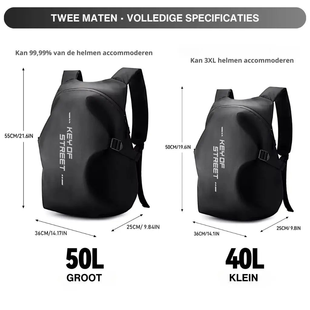 Afmetingen van de Waterdichte laptop rugzak motor 17 inch camouflage, beschikbaar in 50L en 40L, geschikt voor verschillende helmformaten.